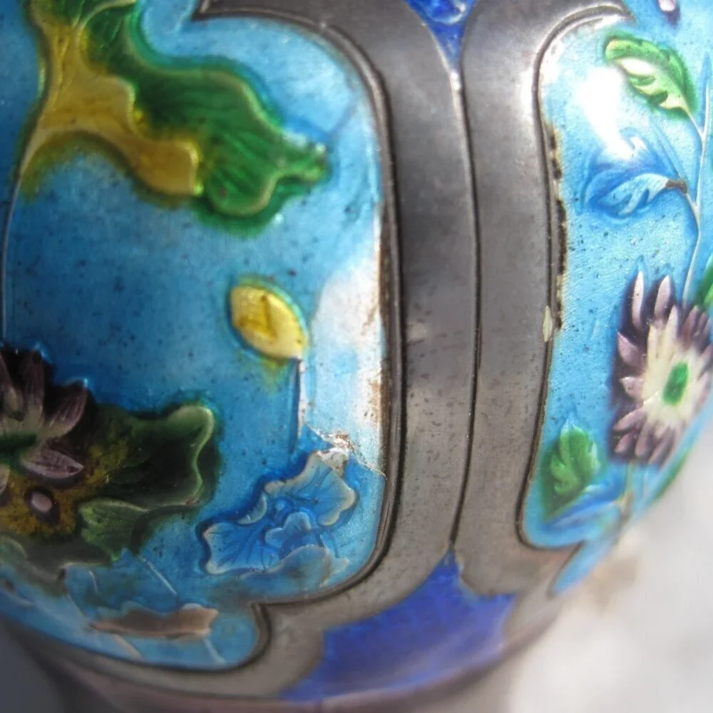 Small Vintage Cloisonne Genuine Silver Antique Natural Patina  Floral Vase Set